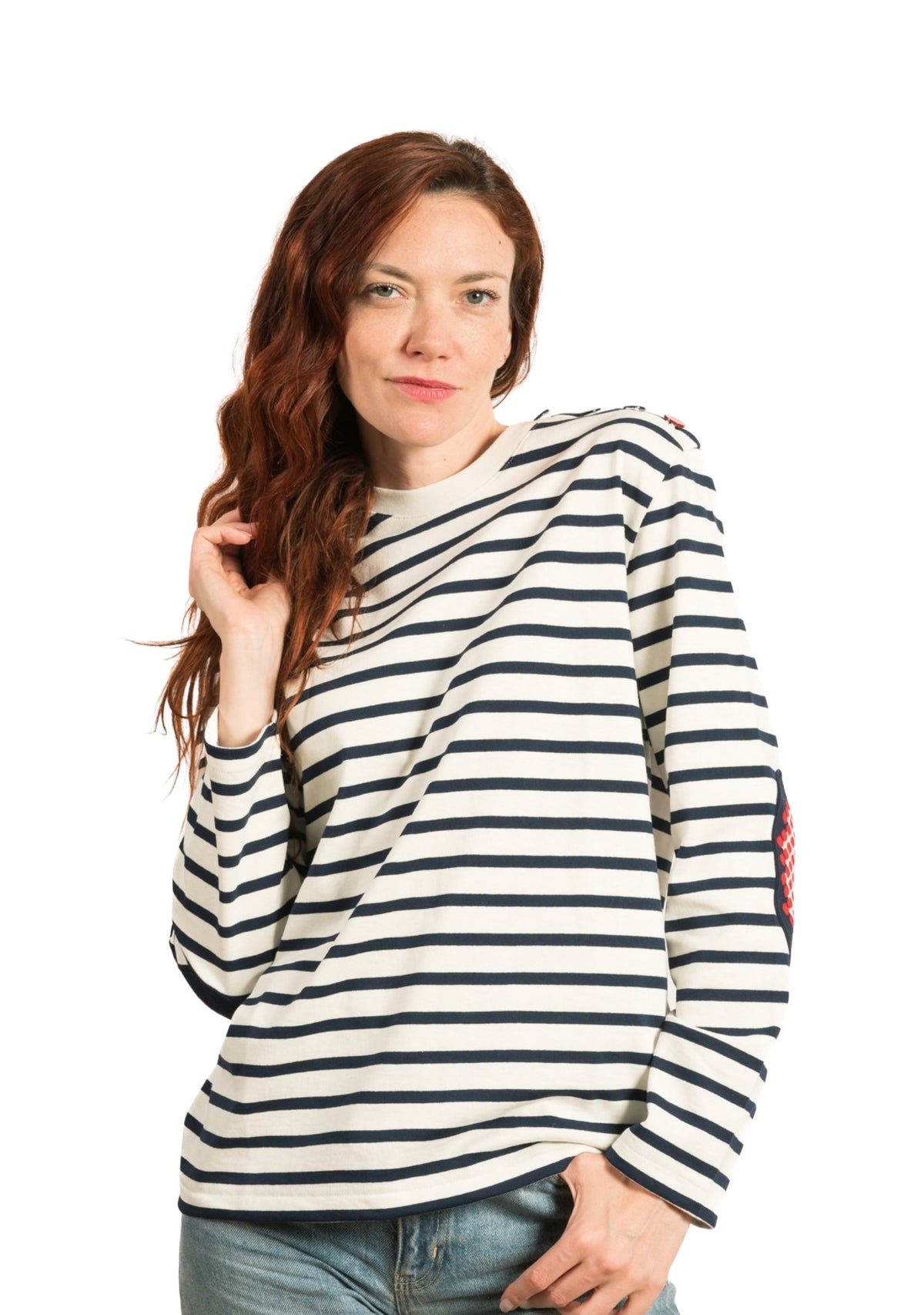 Marinière mixte Berthe Aux Grands Pieds col V coudières pois marine ivoire