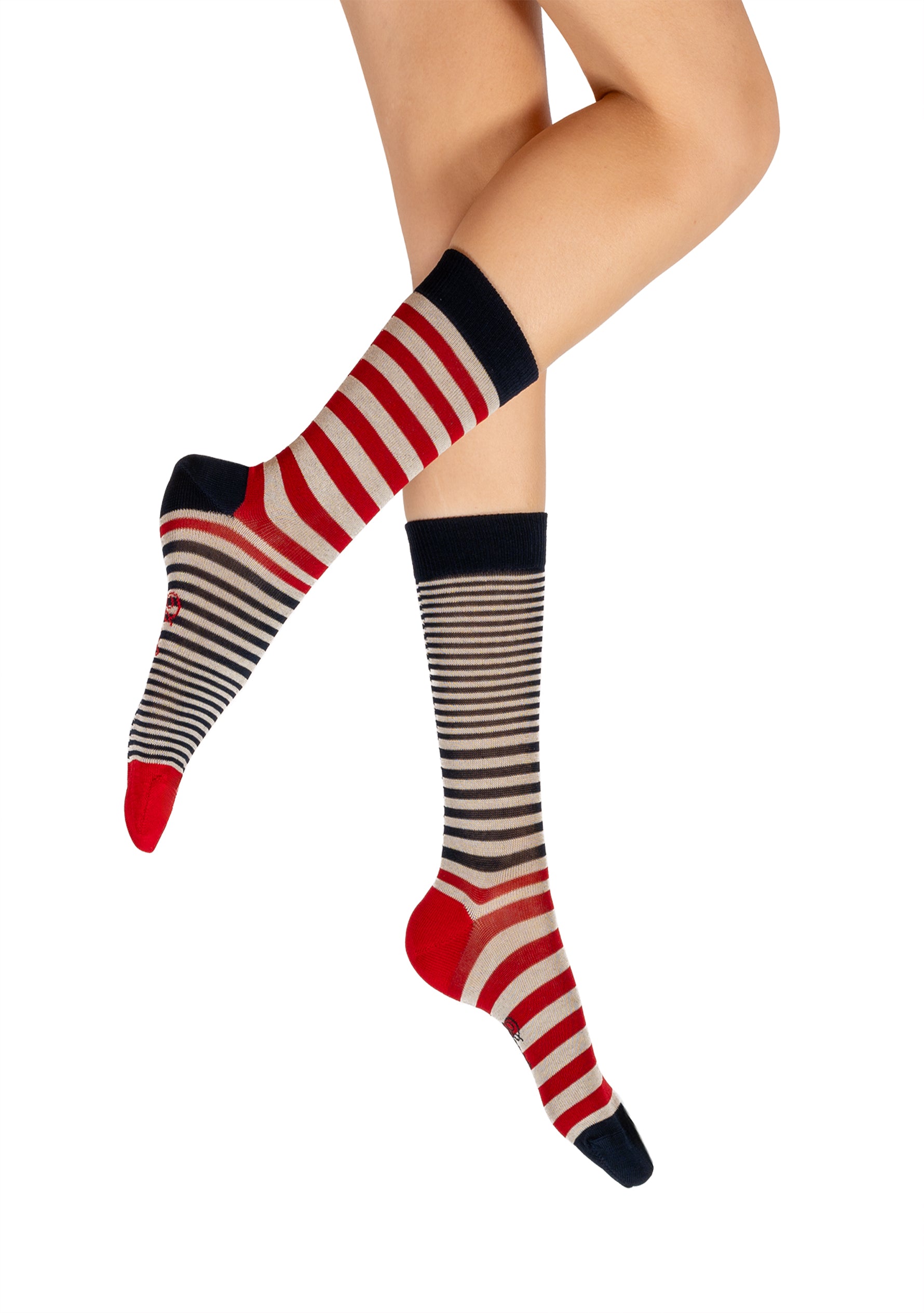 Chaussettes homme rayées asymétriques en fil d'Écosse - Rouge, écru et marine - Fabrication française