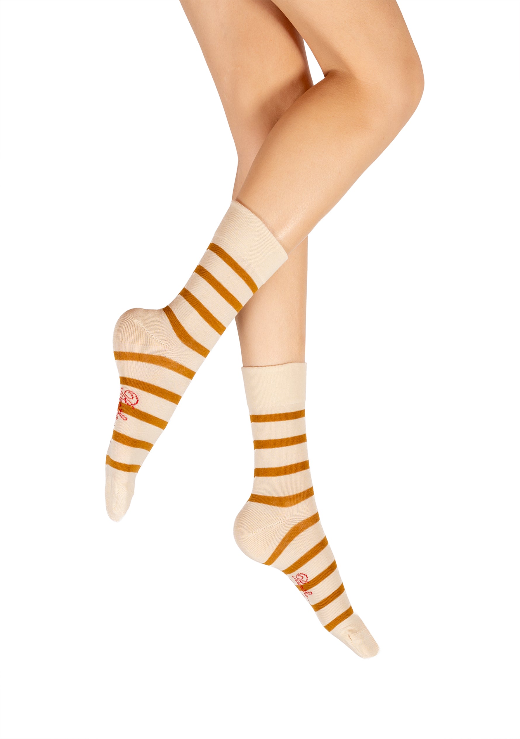 Chaussettes femme coton écru rayé moutarde