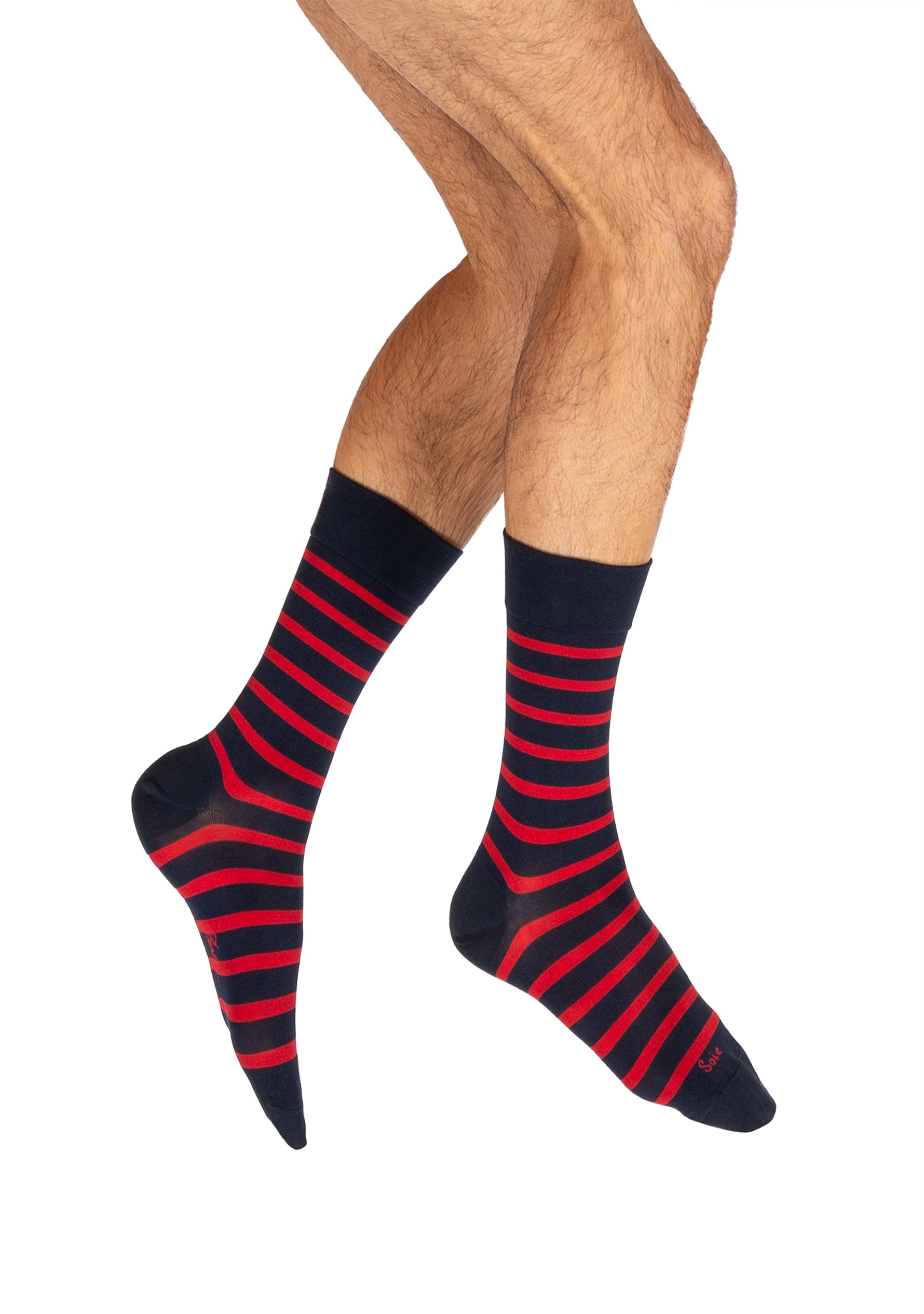 Chaussettes homme en soie - Sans élastique - Marine rayures rouge