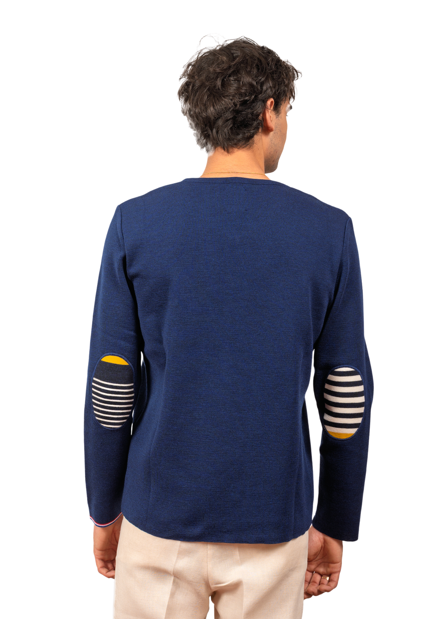 Pull homme col V Berthe Bleu royal uni à coudières asymétriques Marine/Jaune