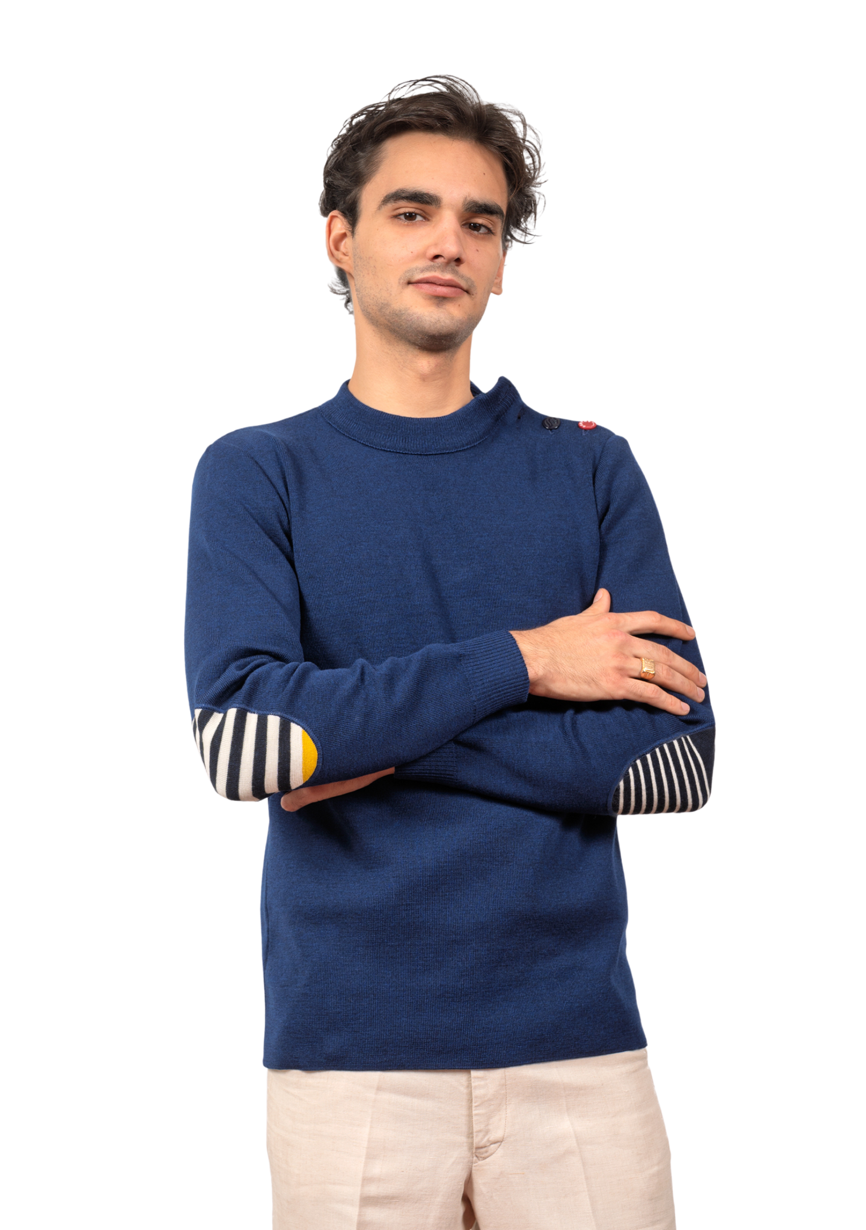 Pull marin homme col rond Berthe Bleu royal à coudières asymétriques marine/jaune