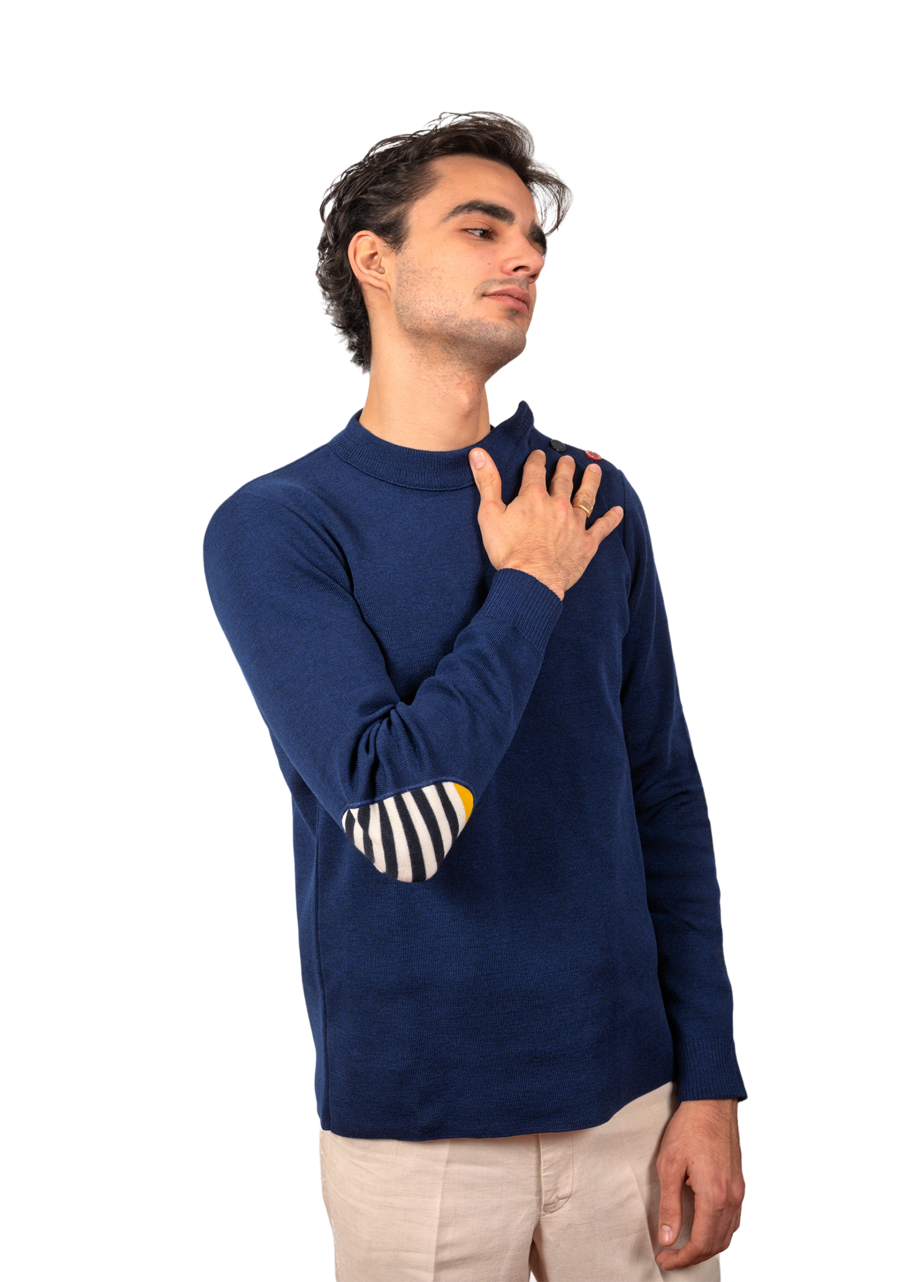 Pull marin homme col rond Berthe Bleu royal à coudières asymétriques marine/jaune