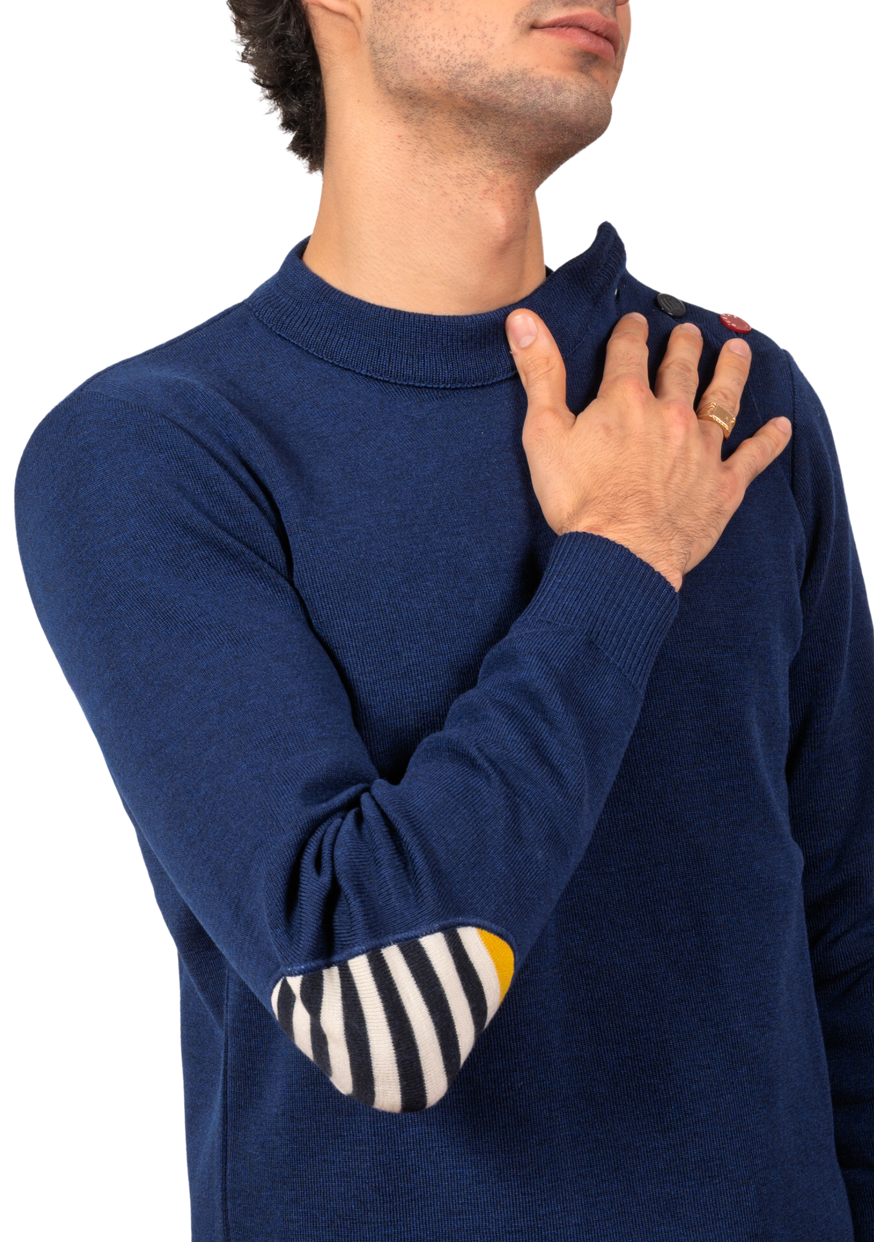 Pull marin homme col rond Berthe Bleu royal à coudières asymétriques marine/jaune
