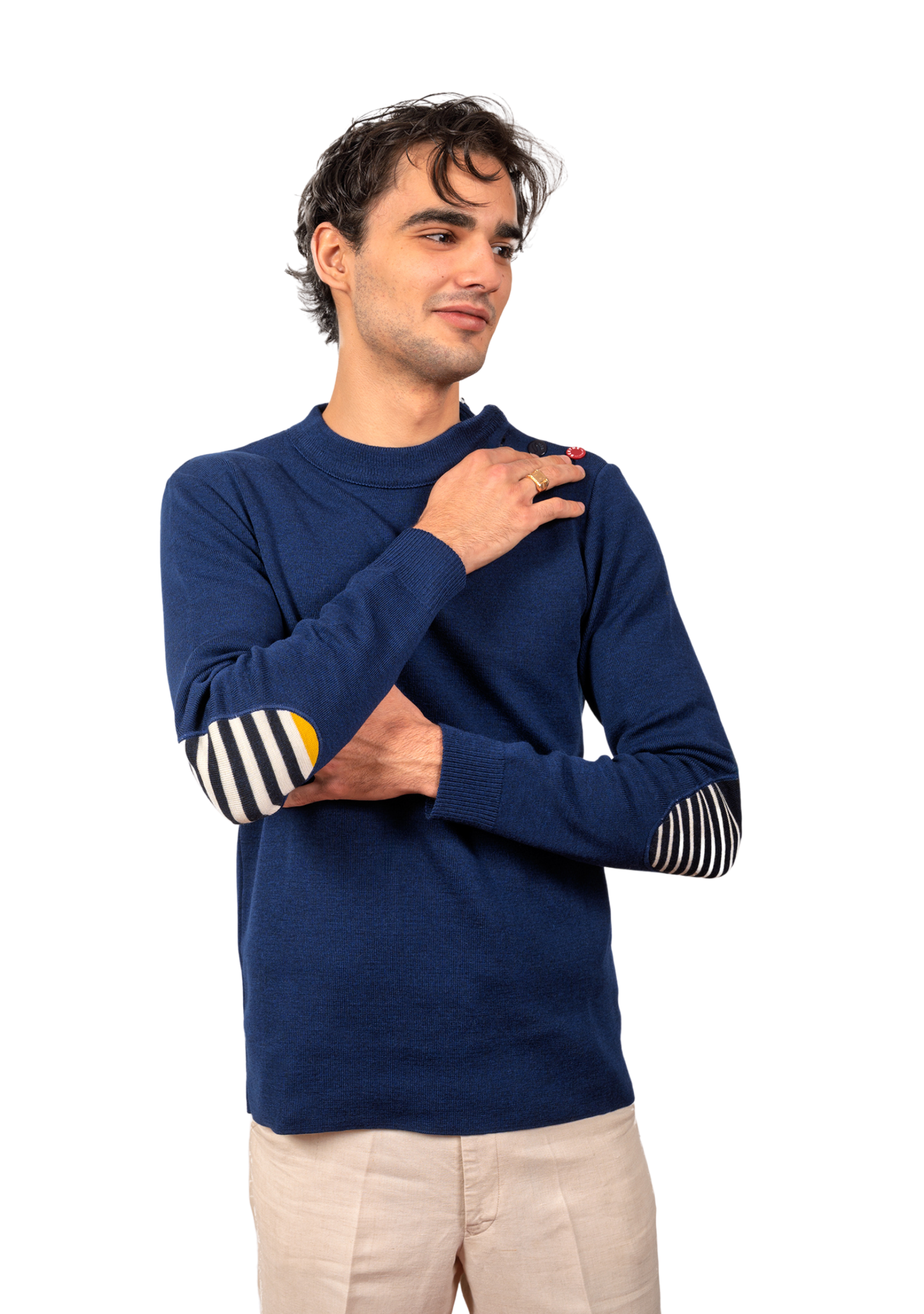 Pull marin homme col rond Berthe Bleu royal à coudières asymétriques marine/jaune