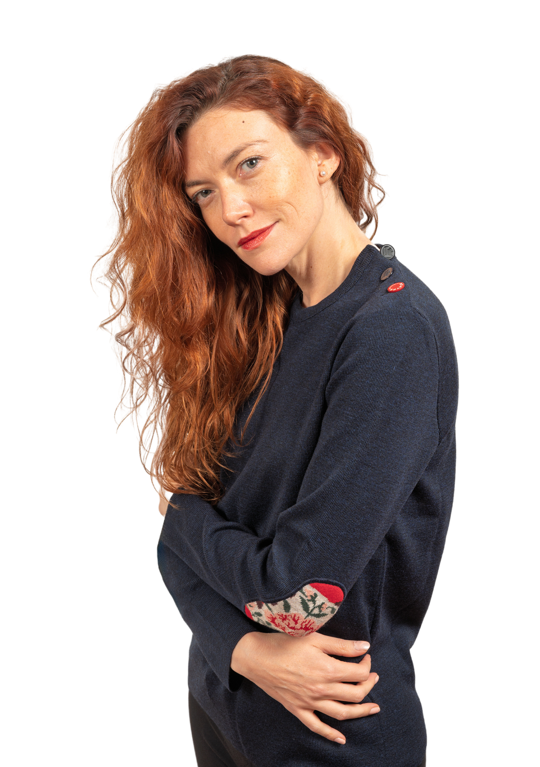 Pull marin femme col rond Berthe à coudières Pivoines