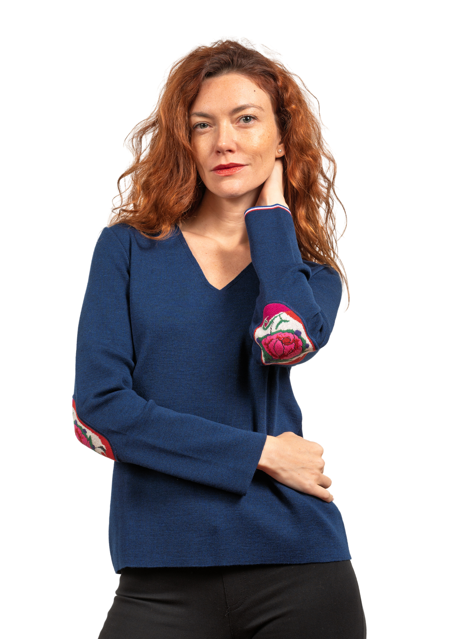 Pull femme col V Berthe Bleu royal Fleurs de rose