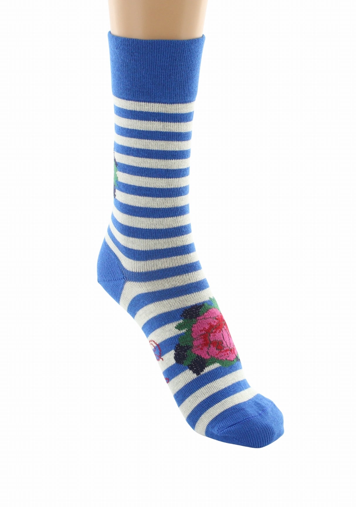 Chaussettes coton femme Berthe Aux Grands Pieds marinière bleu/ivoire Fleur de rose BLEU DE CHINE/IVOIRE