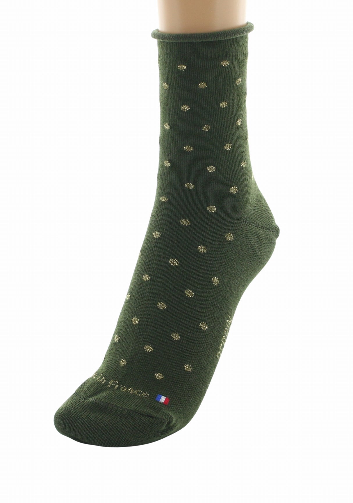 Chaussettes courtes coton femme Perrin kaki plumetis doré KAKI