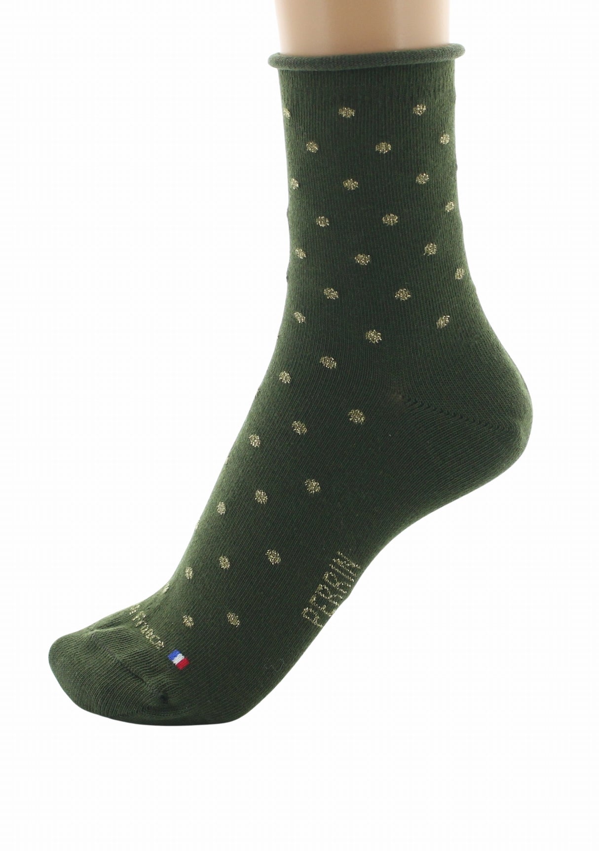 Chaussettes courtes coton femme Perrin kaki plumetis doré KAKI
