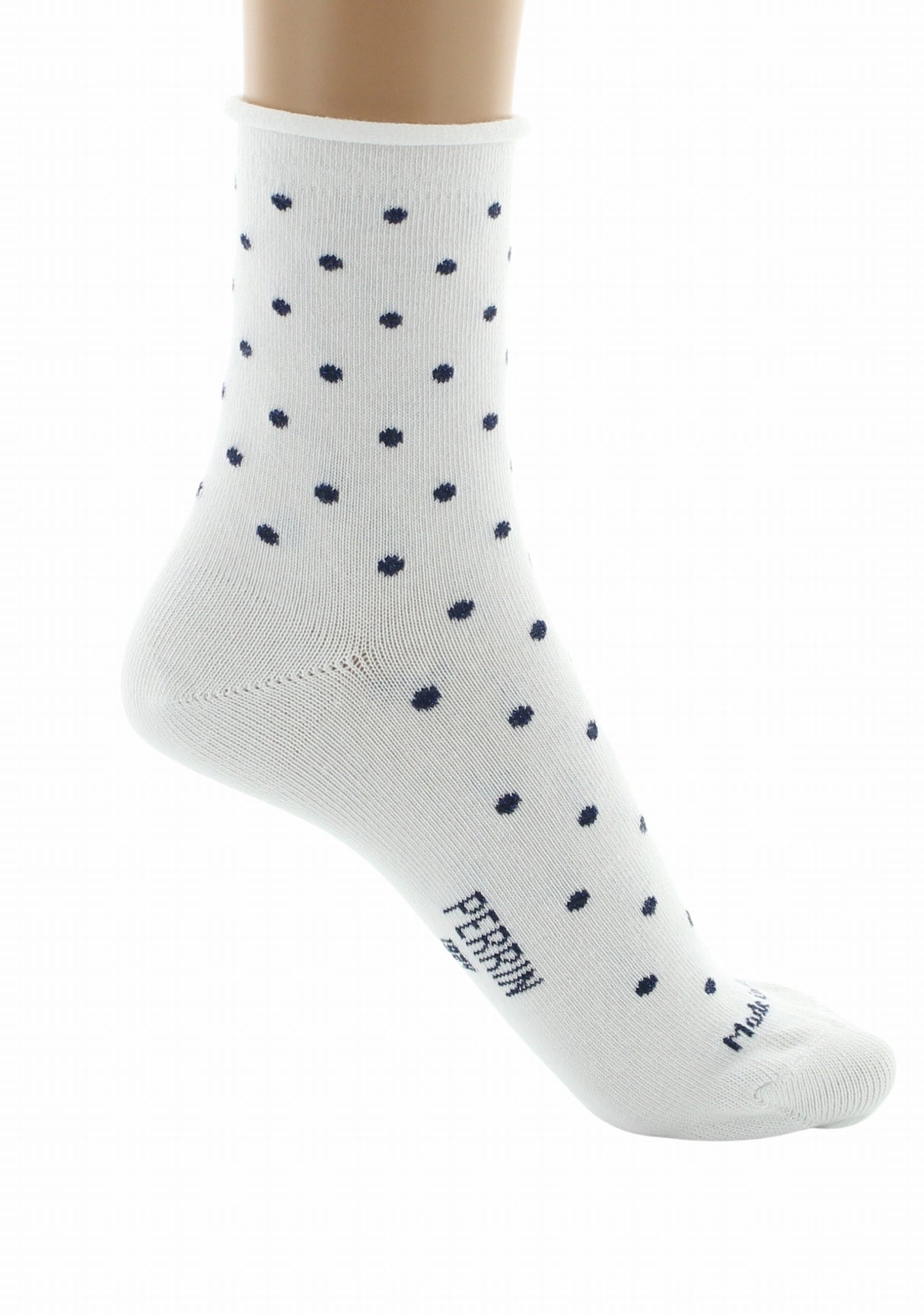 Chaussettes courtes coton femme Perrin blanc plumetis marine BLANC