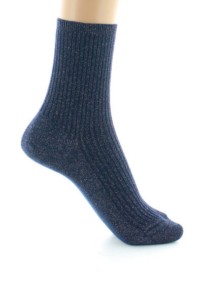 Chaussettes courtes femme à côtes en coton et lurex BLEU NUIT