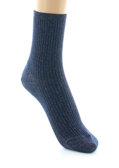 Chaussettes courtes femme à côtes en coton et lurex BLEU NUIT