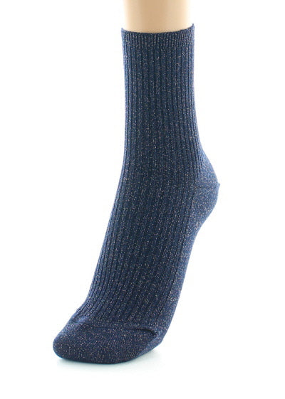 Chaussettes courtes femme à côtes en coton et lurex BLEU NUIT