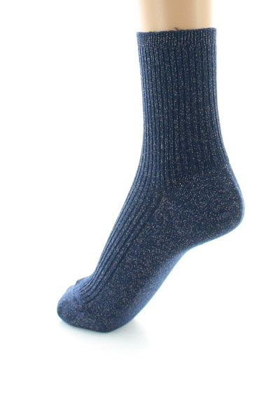 Chaussettes courtes femme à côtes en coton et lurex BLEU NUIT