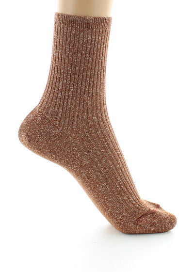Chaussettes courtes femme à côtes en coton et lurex BRUN