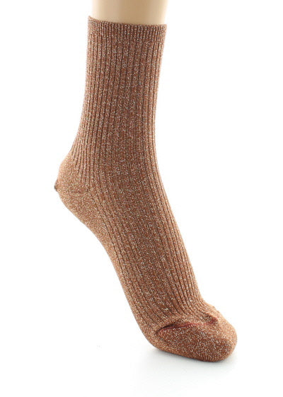 Chaussettes courtes femme à côtes en coton et lurex BRUN