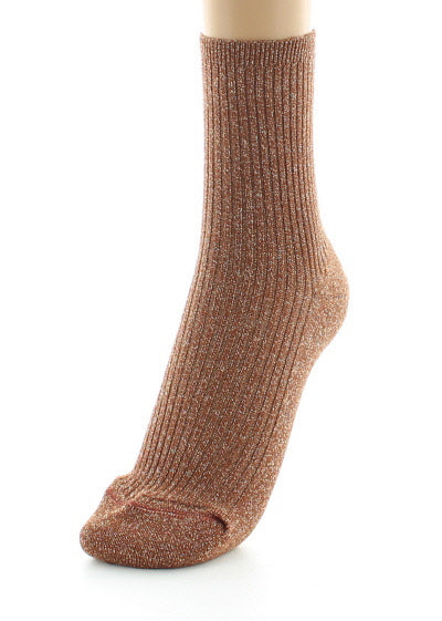 Chaussettes courtes femme à côtes en coton et lurex BRUN