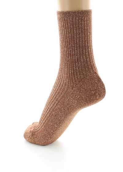 Chaussettes courtes femme à côtes en coton et lurex BRUN