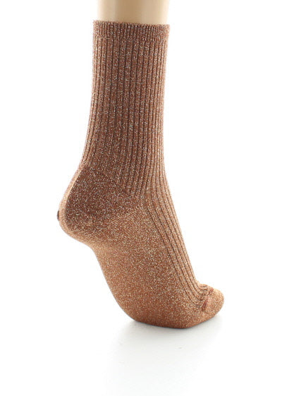 Chaussettes courtes femme à côtes en coton et lurex BRUN