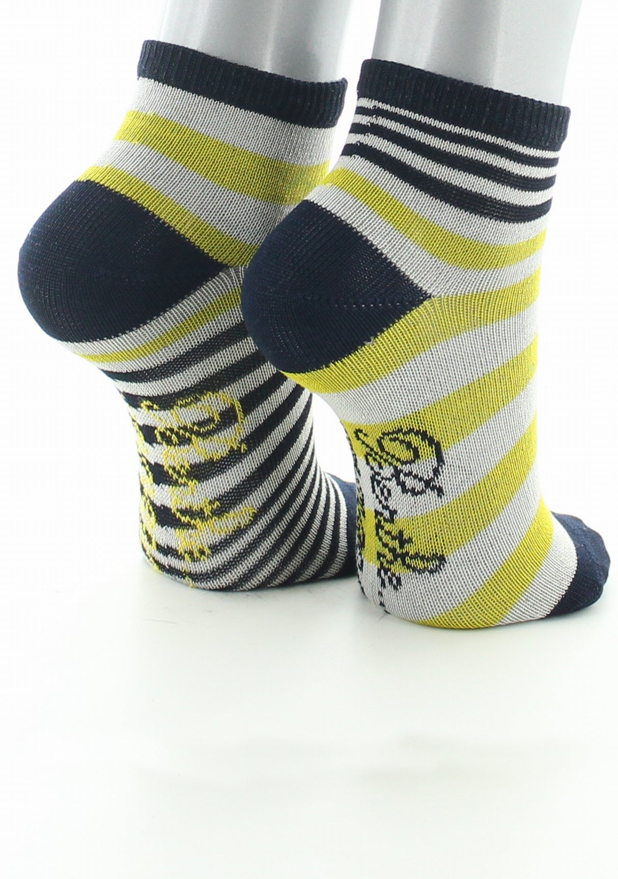 Chaussettes enfant coton fil d'Ecosse rayures marine, jaune et ivoire JAUNE