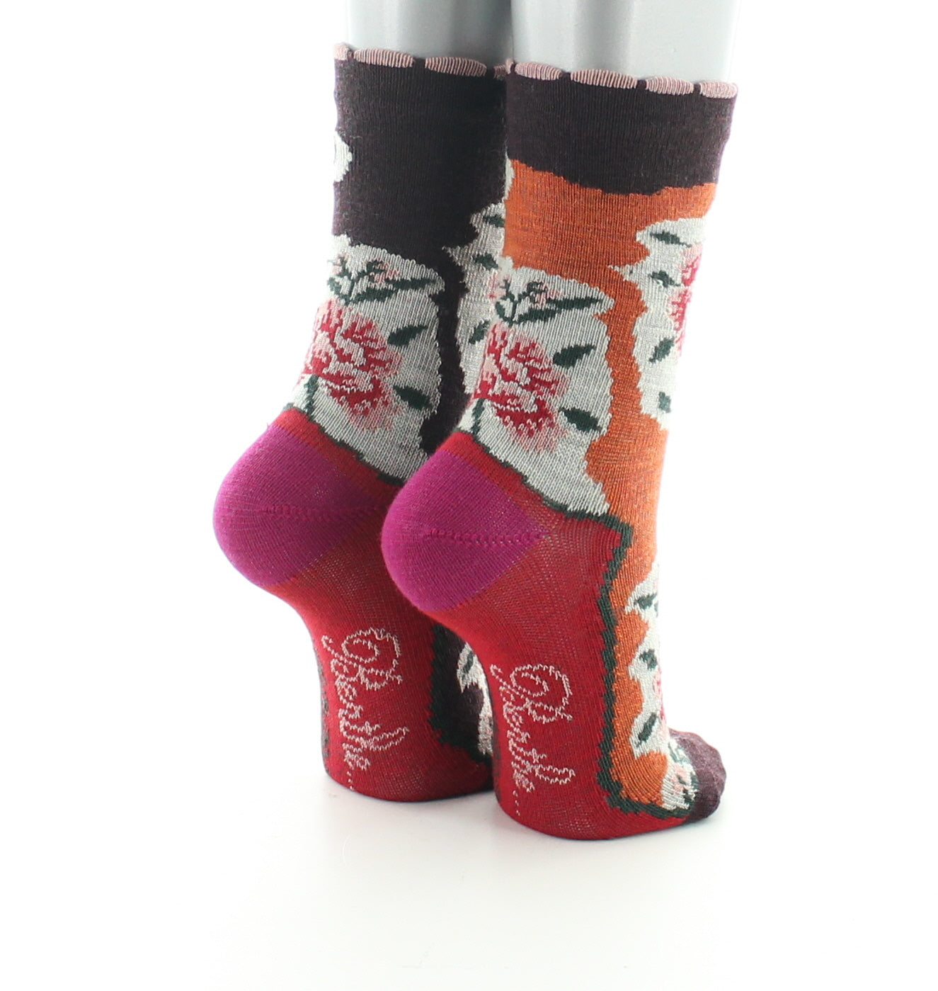 Chaussettes enfant laine peignée fleurs sur fond orange et bordeaux ORANGE/BORDEAUX