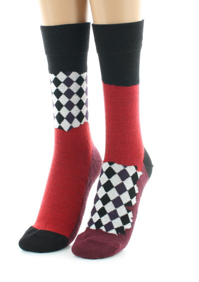 Chaussettes femme à Damiers asymétriques en laine peignée Noir/Bordeaux NOIR-BORDEAUX