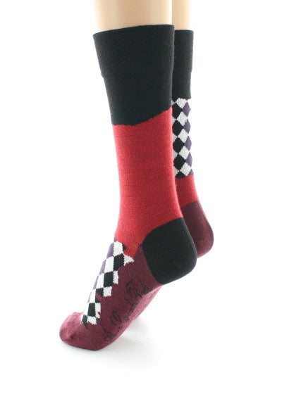 Chaussettes femme à Damiers asymétriques en laine peignée Noir/Bordeaux NOIR-BORDEAUX