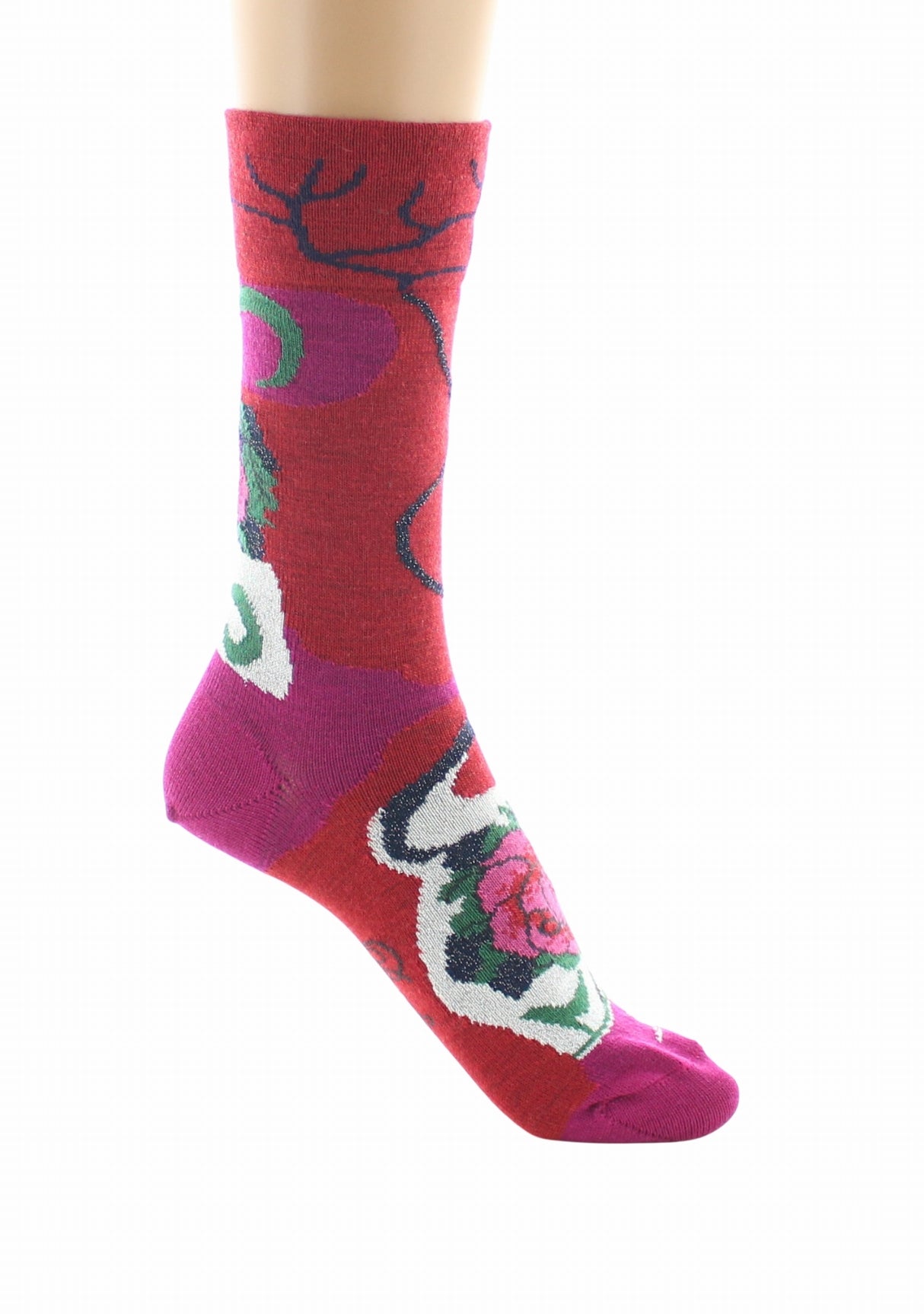 Chaussettes femme en laine peignée Berthe Fleurs de rose ROUGE