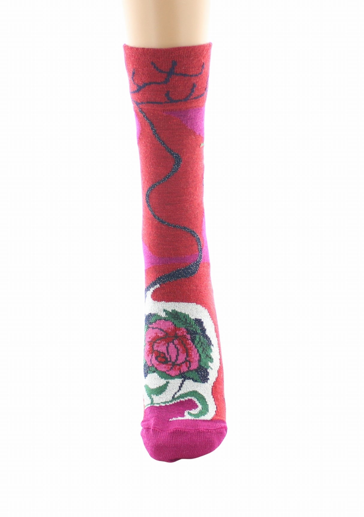 Chaussettes femme en laine peignée Berthe Fleurs de rose ROUGE