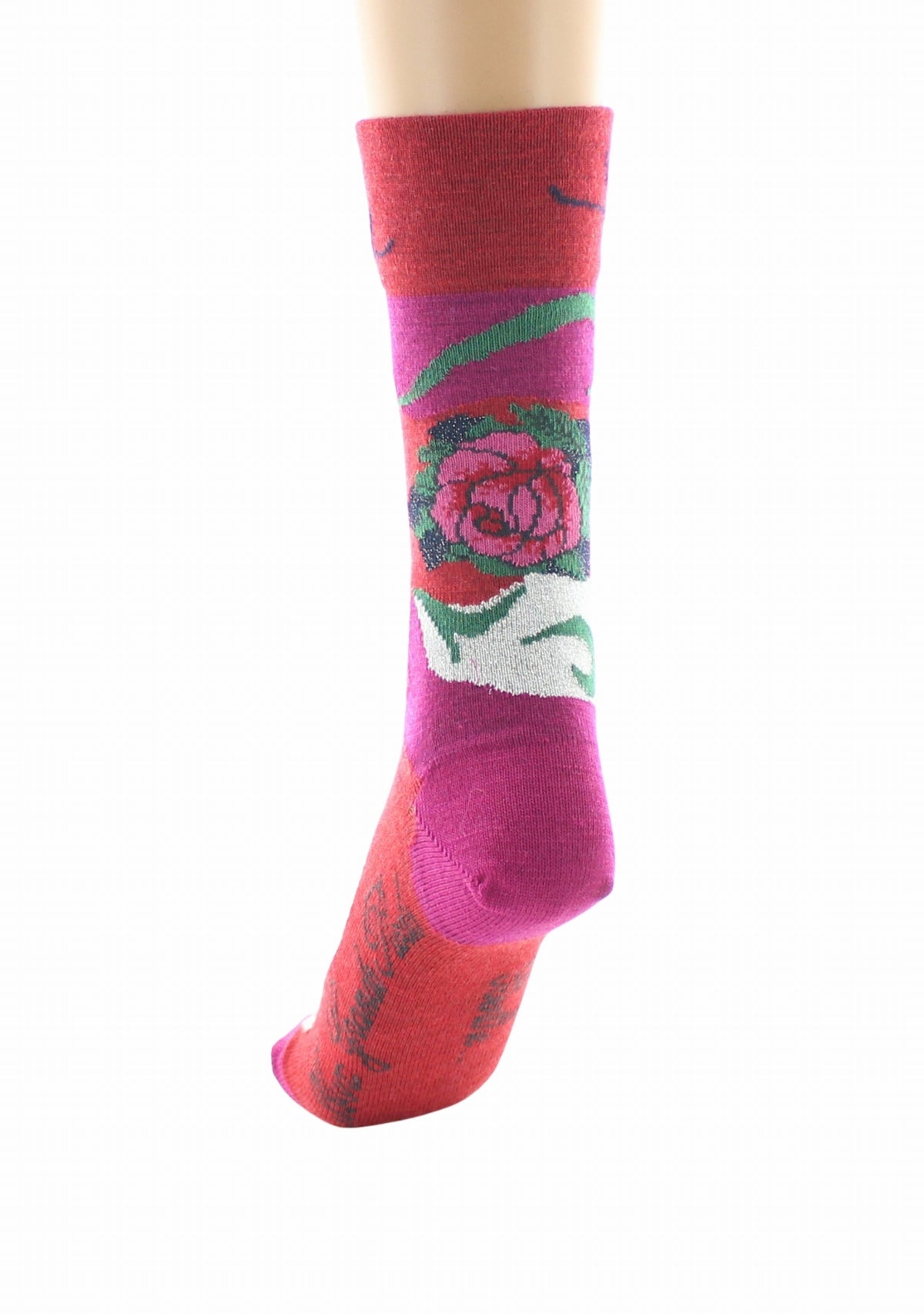 Chaussettes femme en laine peignée Berthe Fleurs de rose ROUGE