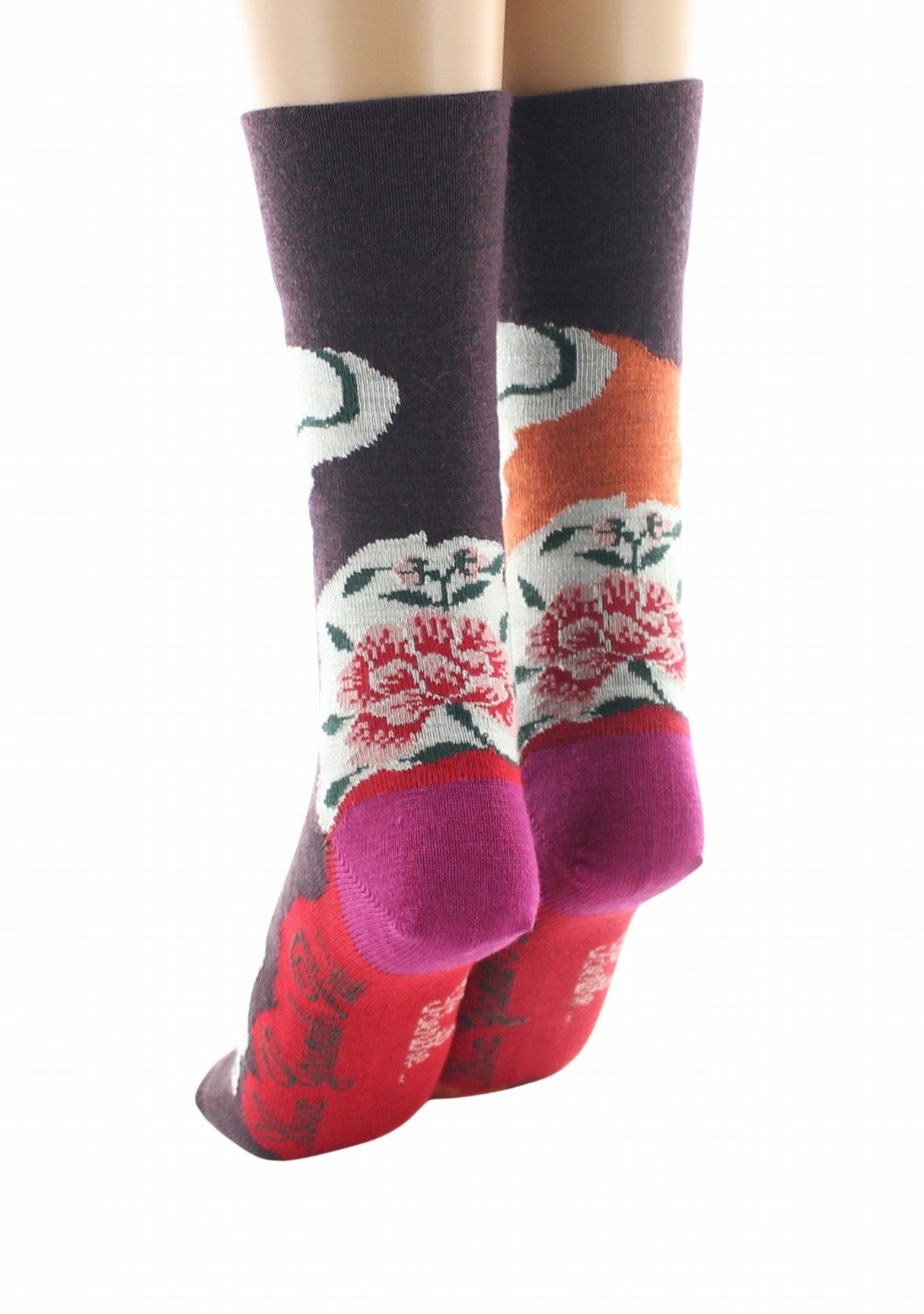 Chaussettes femme laine Berthe Pivoines Orange/Bordeaux ORANGE/BORDEAUX