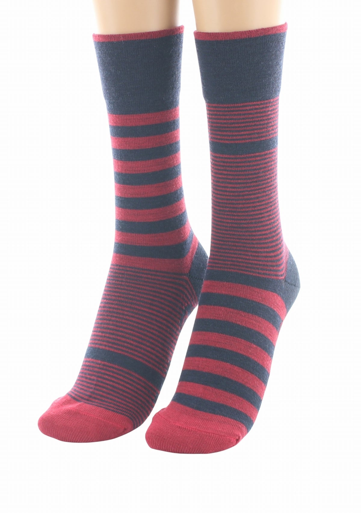 Chaussettes femme mérinos Rayures Asymétriques Marine/Rouge - Berthe MARINE/ROUGE