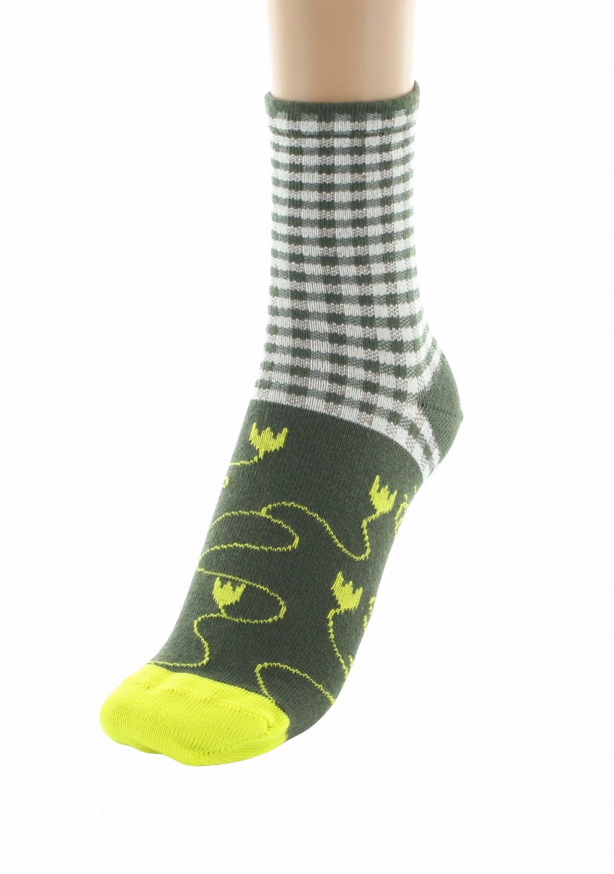 Chaussettes fil d'Écosse femme Berthe Aux Grands Pieds motif vichy kaki ivoire COLONIAL