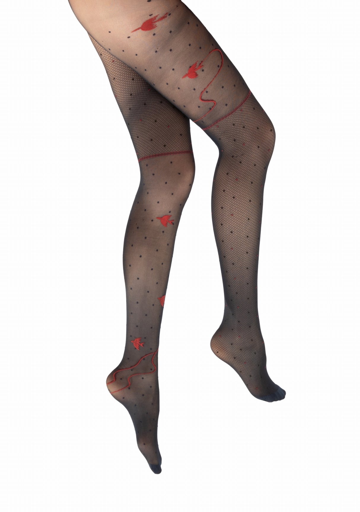 Collant fin 30 deniers femme Berthe Aux Grands Pieds asymétrique oiseaux résille Marine Rouge/Noir/Marine Oiseau Rouge MARINE/ROUGE/NOIR