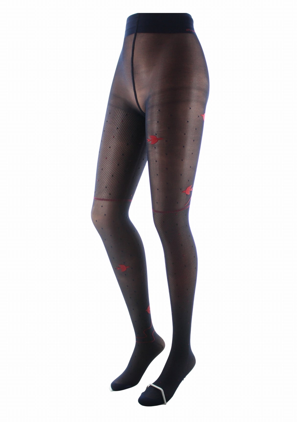 Collant fin 30 deniers femme Berthe Aux Grands Pieds asymétrique oiseaux résille Marine Rouge/Noir/Marine Oiseau Rouge MARINE/ROUGE/NOIR