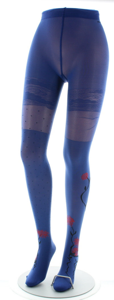 Collants agapanthes rouge fond bleu BLEU