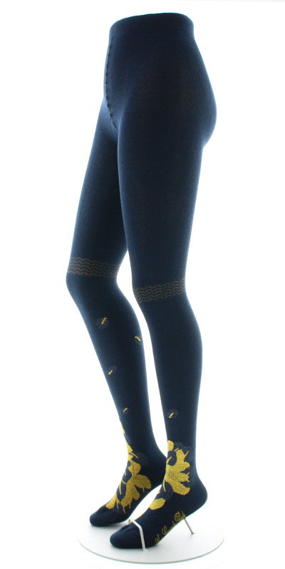 Collants coton femme feuilles d'or MARINE