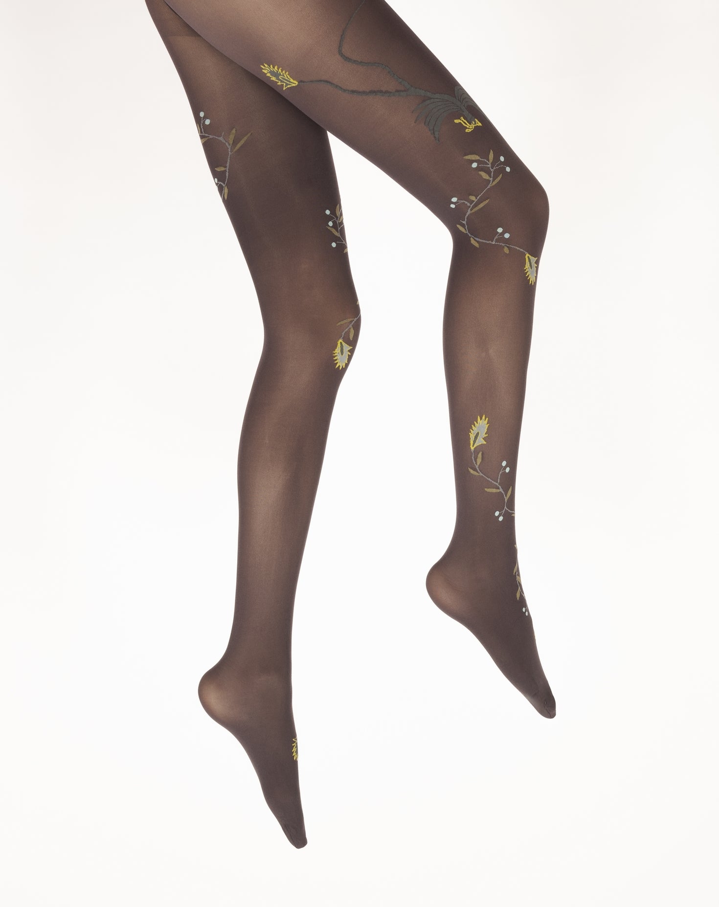 Collants femme 40D prune oiseau lyre gris et jaune