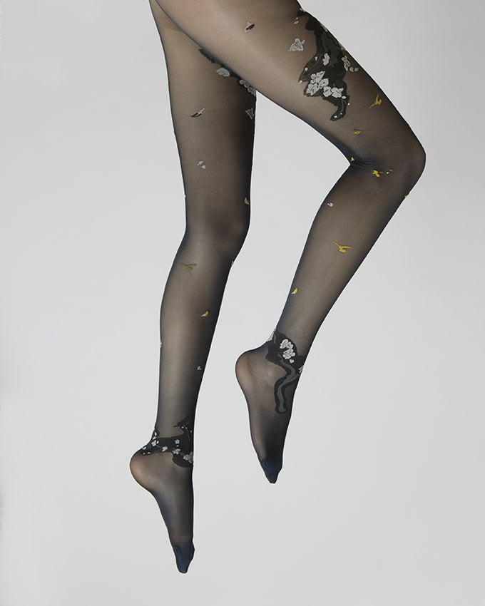 Collants fleurs japonaises Marine et Beige MARINE-BEIGE