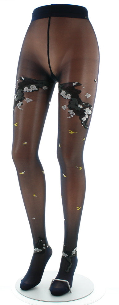 Collants fleurs japonaises Marine et Beige MARINE-BEIGE