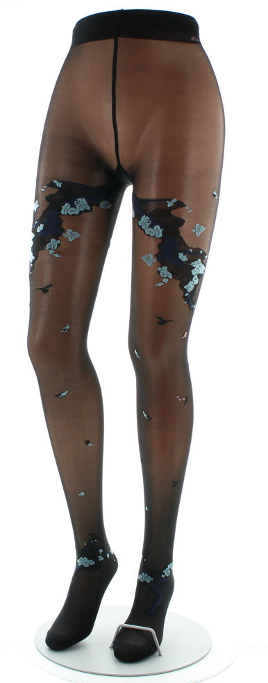 Collants fleurs japonaises Noir et Bleu Glacier NOIR-BLEU