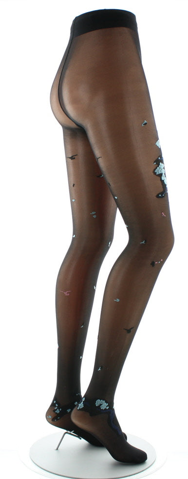 Collants fleurs japonaises Noir et Bleu Glacier NOIR-BLEU