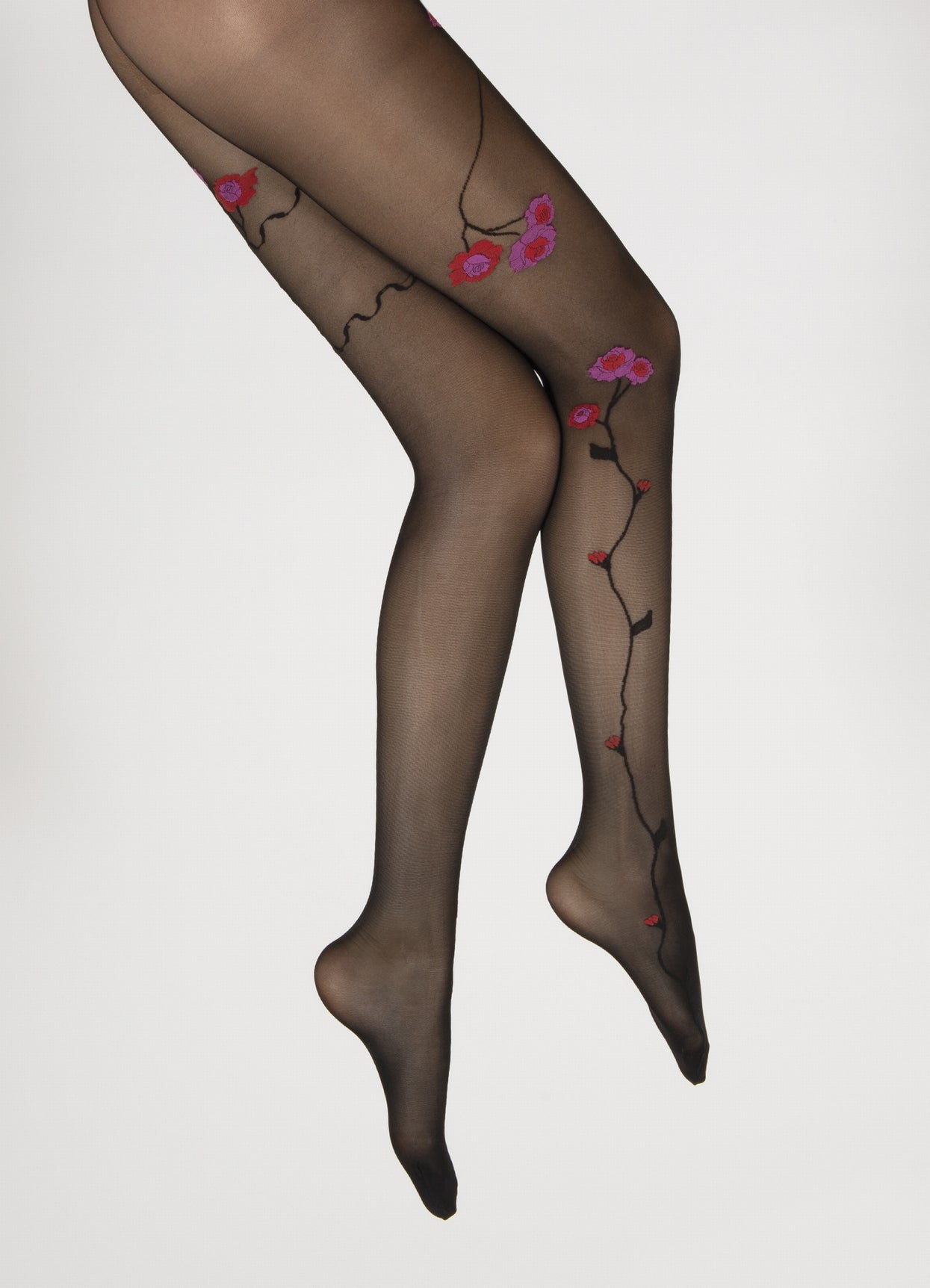 Collants Fleurs Roses et Rouges fond Noir NOIR/ROSE/ROUGE