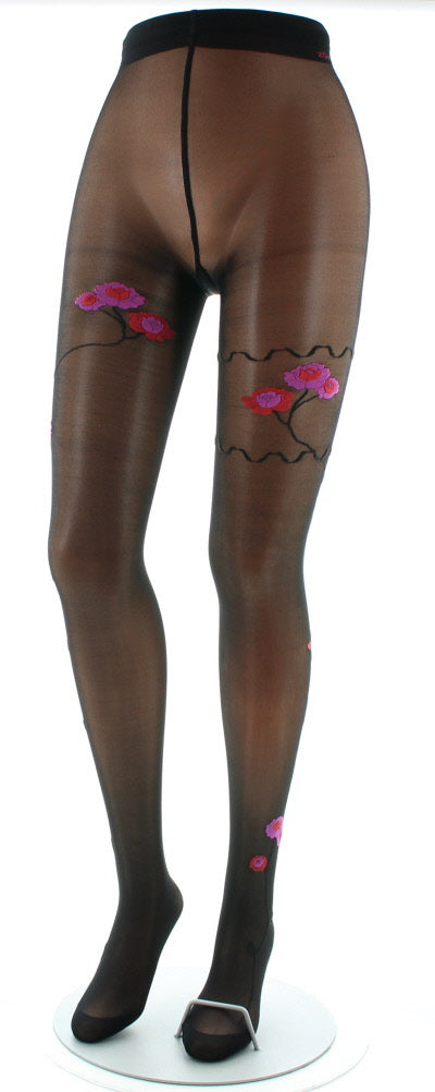 Collants Fleurs Roses et Rouges fond Noir NOIR/ROSE/ROUGE