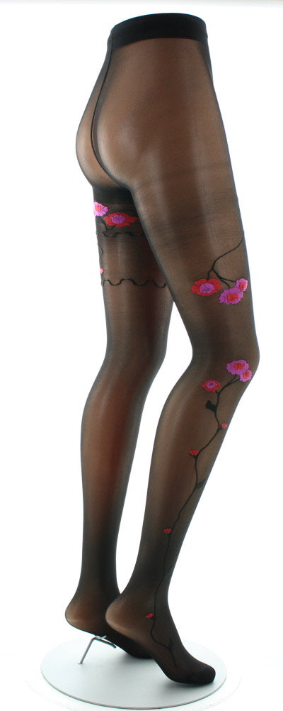 Collants Fleurs Roses et Rouges fond Noir NOIR/ROSE/ROUGE