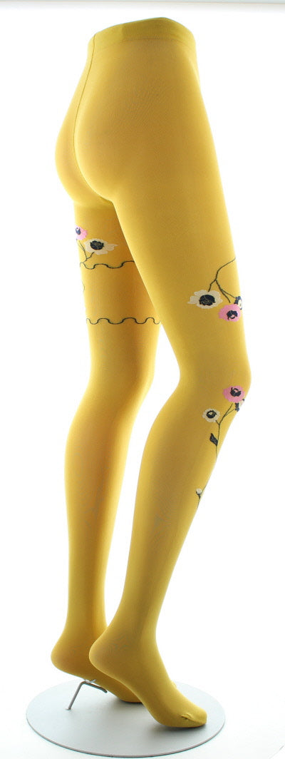 Collants ocre semi-opaque à fleurs roses et beige ROUGE