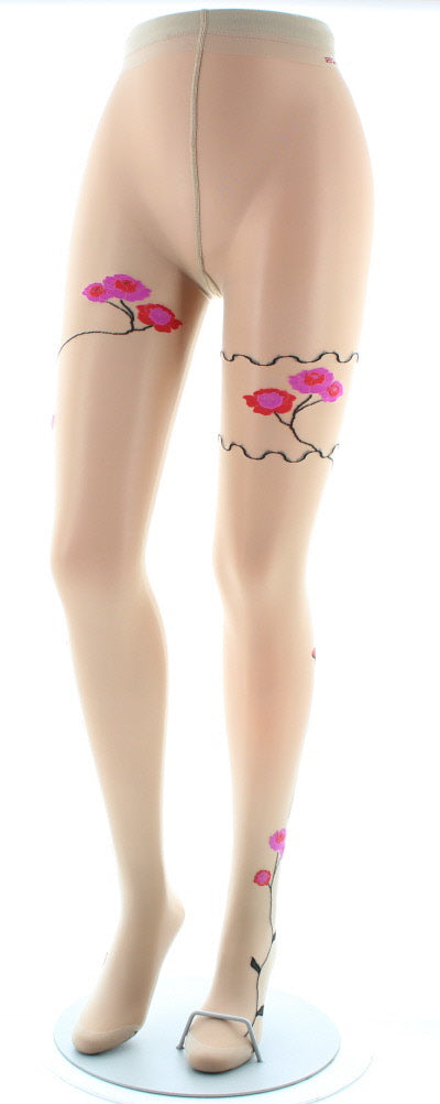Collants Tatoo Fleurs Roses et Rouge couleur chair CHAIR/ROSE/ROUGE