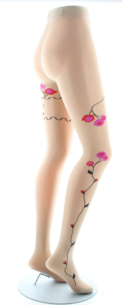 Collants Tatoo Fleurs Roses et Rouge couleur chair CHAIR/ROSE/ROUGE