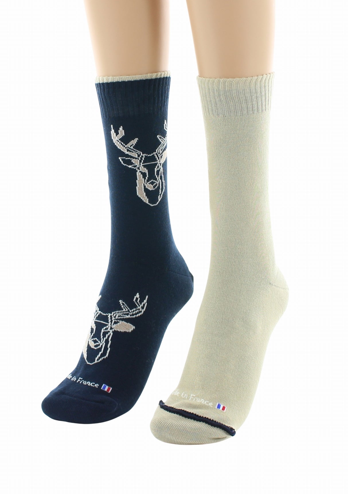 Doubles chaussettes réversibles Cerf Marine Intérieur Beige MARINE-BEIGE